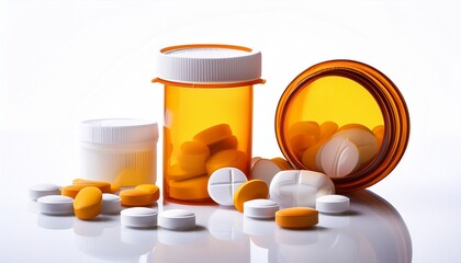 prescription pill jar and tablet packaging isolated on solid white background form