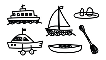 Marine Navigation Sketch: An illustration of various modes of marine transport, sketched with simplicity to represent boats, canoes, and other watercraft. Embodying simplicity and nautical charm. © Abu