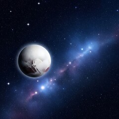 Distant dwarf planet pluto floating in deep space with bright nebula and starry background
