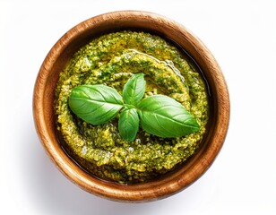pesto sauce in wooden bowl with basil garnish isolated on solid white background
