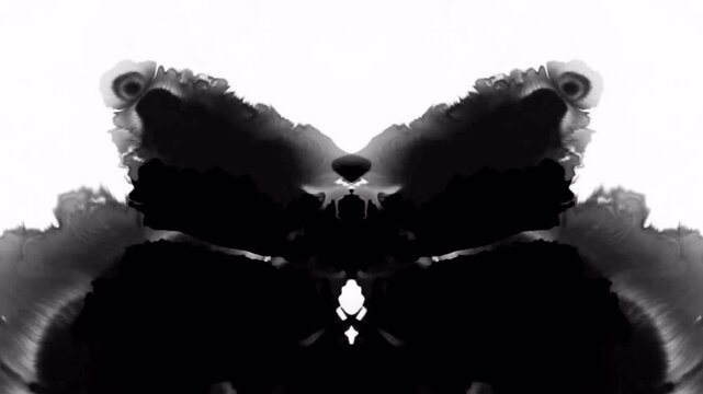 Abstract Rorschach Inkblot Test with Symmetrical Black Ink Splatter on White Background.
