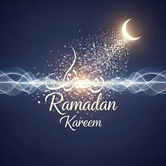 Ramadan kareem with crescent moon and glowing particles on dark background celebrating islamic month