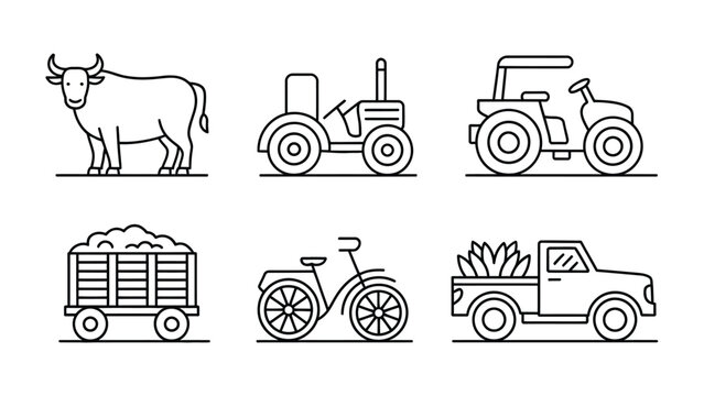 Farm Icons: Line art depicts a harmonious collection of essential farm elements, from a steadfast bull to versatile farm vehicles and transportation tools, representing the simple life on the land.