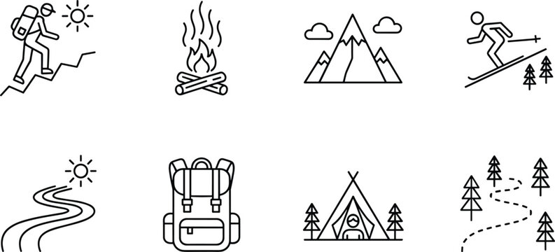 Outdoor adventure icon set featuring hiking camping mountains campfire skiing backpack and nature trail line art for travel tourism.