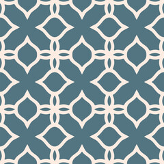 Elegant curved lattice pattern. Vector seamless texture with leaves, floral silhouettes, mesh, grid, curly lines. Blue and white ornament in oriental style. Simple repeated geometric background