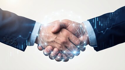 Business professionals shaking hands with trust and digital stock market data overlaying the scene