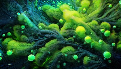 microscopic view of vibrant green algae cosmic luminescence earth day celebration bioluminescent marvel in aquatic ecosystems