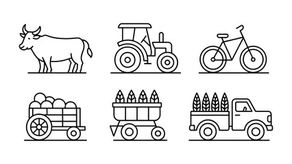 Agricultural Icons: A collection of simple line icons representing elements of agriculture, the icons include cow, tractor, bicycle, wagon with crops, cart of asparagus, and a pickup truck. © Abu