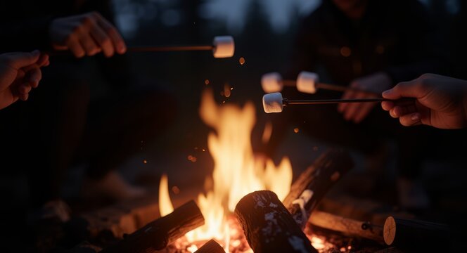 Lagerfeuer mit Marshmallows am Abend gemeinsames Outdoor Erlebnis und Gem&uuml;tlichkeit