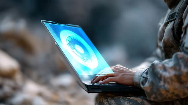 army officer working on laptop during field operation, global strategy visualization, high-tech military intelligence and cyber defense theme military intelligence, cyber defense  4K
