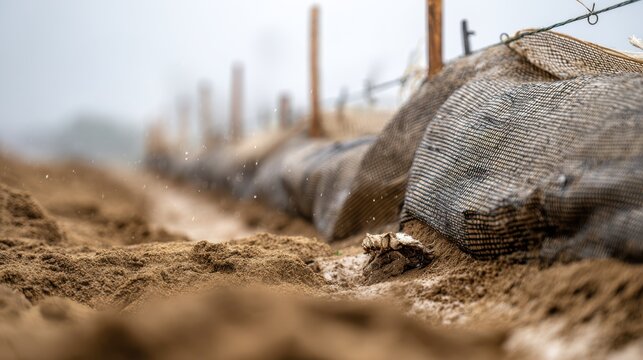 Medium shot of sediment control blankets being secured with stakes on farmland to protect loose soil during heavy rain and prevent erosion damage.