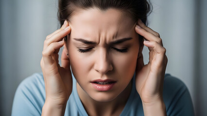 close-up of a woman pressing her temples with a pained expression, indicating headache or stress &mdash; great for migraine info, stress-relief tips, pain management, or wellness articles.

