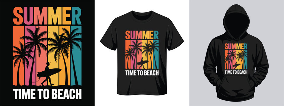 Summer beach sunset with palm trees and surfer t-shirt design