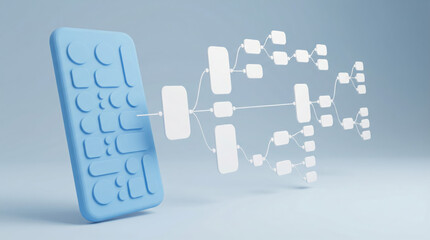 Blue smartphone displaying workflow automation with a complex process map flowing automatically in a digital network