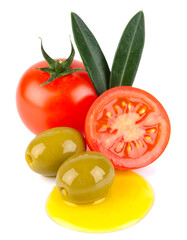 Fototapeta premium Ripe Tomato, Green Olives and Yellow Oil on White Top View 