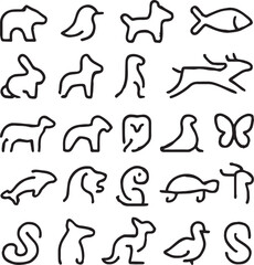 Obraz premium 25 Abstract Animal Outline Vector Icons – Minimal Black Line Silhouette Symbol Set Vector With Transparent Background 