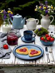 Outdoor Morning Breakfast With Pancakes, Jam, Tea, And Fresh Flowers On Rustic Table