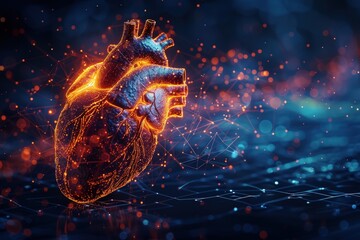 A glowing digital heart on a dark background.