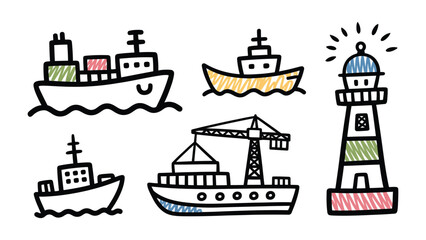 Naklejka premium Marine Vessels Collection: A playful assortment of hand-drawn ships and a lighthouse, capturing the essence of maritime transport and coastal navigation.