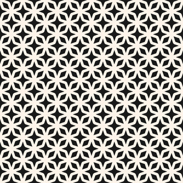 Vector seamless pattern with geometric leaf and floral star shapes. Simple oriental texture with minimal grid, diamonds, rhombuses. Monochrome background. Repeated design for decor, textile, cloth