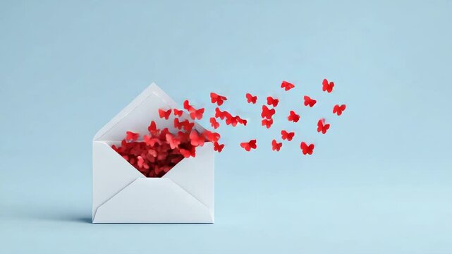 Red butterflies flying out of white envelope on pastel blue background symbolizing love, freedom, emotions