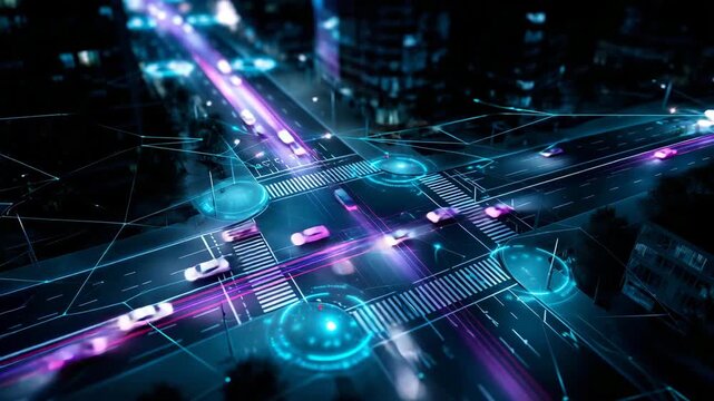 Futuristic city intersection illuminated by neon grid lines and holographic data overlays. Autonomous cars navigate seamlessly through the streets, each vehicle  4K