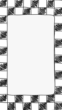 Hand drawn checkerboard frame animation with central copy space. Looped animation with black and white checkered border. For educational videos, DIY tutorials, creative vlogs, and artistic content.