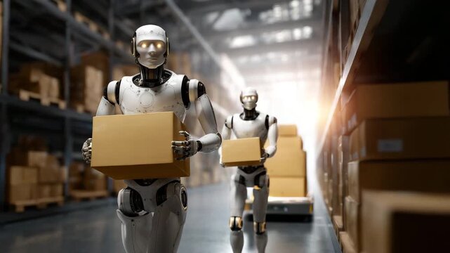 Futuristic smart warehouse with humanoid robots autonomously handling logistics tasks. A humanoid robot carries a cardboard box while another loads packages onto an autonomous mobi 4K