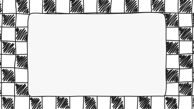 Hand drawn checkerboard frame animation with central copy space. Looped animation with black and white checkered border. For educational videos, DIY tutorials, creative vlogs, and artistic content.
