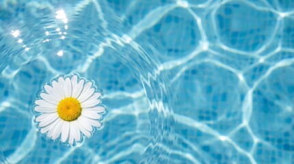 A single daisy floats serenely on the surface of crystalline blue water in a sunlit pool, its petals reflecting the purity of the surrounding environment, creating a soothing and beautiful scene.