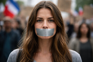 Woman with taped mouth standing in protest silence for liberty against oppression in a crowded demonstration