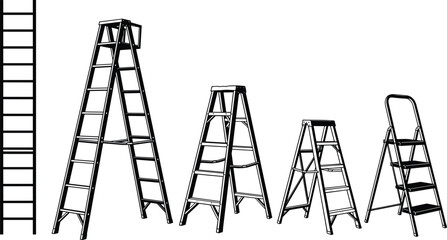 Different ladder types silhouettes, step ladder collection, safety equipment, construction tools, home repair, industrial work, black and white illustration isolated