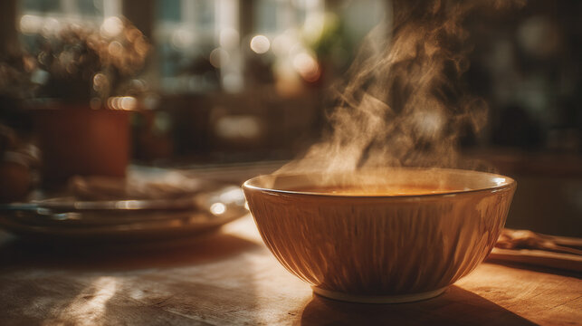 Hearty bowl of steaming soup with visible wisps of steam, served on a rustic wooden surface in soft morning light.