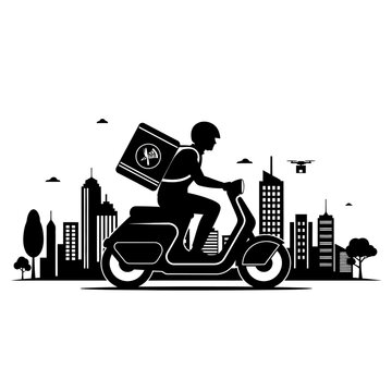 Delivery Man Riding Motorcycle with Food Bag.