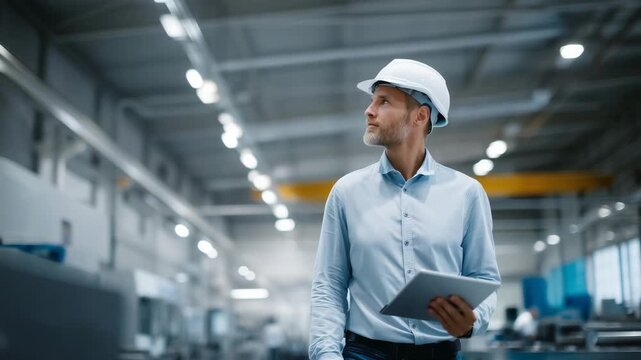 Modern industrial factory interior featuring a confident engineer or chief technical officer walking through the production floor. The man wears a white safety helmet and a light 4K