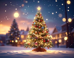 Obraz premium Christmas tree in snowy village at dusk.