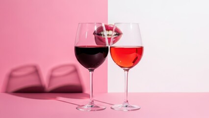 Two wine glasses with red and pink wine on a pink and white background with a mouth in the background