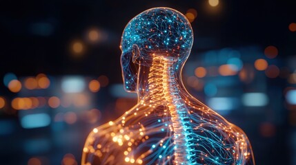 Glowing nervous system, city bokeh