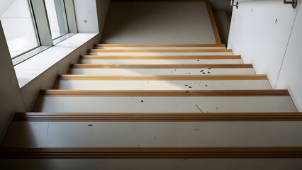 An empty wooden staircase featuring luxury architecture and indoor lighting creates a minimalist interior design within a modern hotel or old house corridor