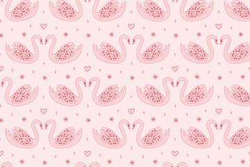 Seamless wedding pattern with swans, hearts, stars, and flowers. Pink swans are hand-drawn in a linear style. Elegant design for backgrounds, covers, textiles, and packaging. Vector illustration. © Sun_Rise