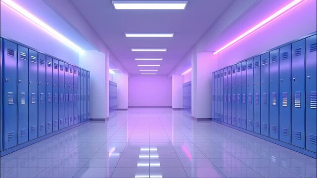 Brightly lit school hallway featuring blue lockers on both sides, illuminated by colorful neon lights creating a vibrant atmosphere in a modern educational setting