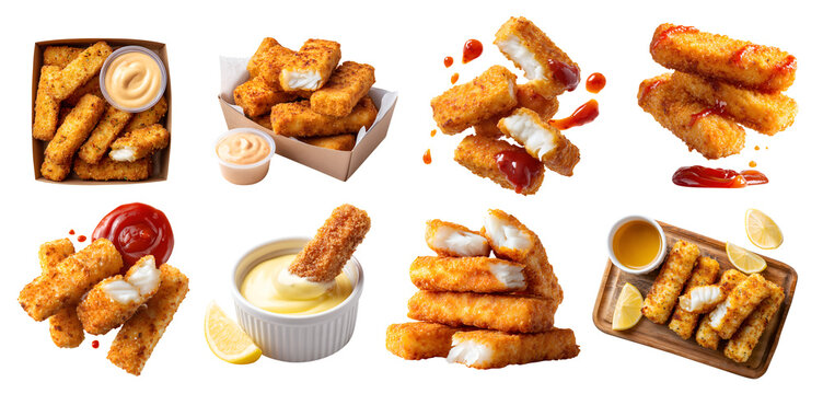 Set of crispy fried battered fish fingers sticks with flaky fillet meat, ketchup cheese sauce dip, takeaway box, serving wooden board, stack broken bitten pile pieces, transparent cutout PNG. Mockup