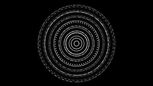 White dots in layered circular arrays, each orbit moving at different speed and flickering asynchronously, creating shifting moir&eacute; effects and fractal pulses