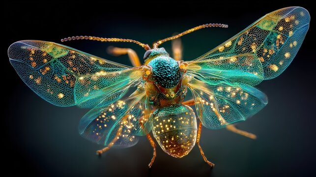 A vividly-colored, luminous, insect with transparent wings, detailed on a black background