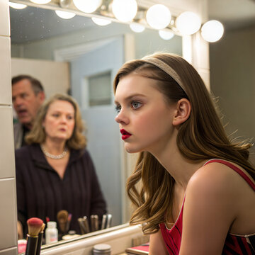 Teenage girl with red lipstick preparing in front of mirror while concerned parents look on