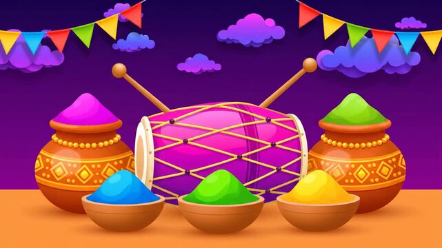 Holi Festival Celebration Colorful Powder Dhol Drum Confetti Animation