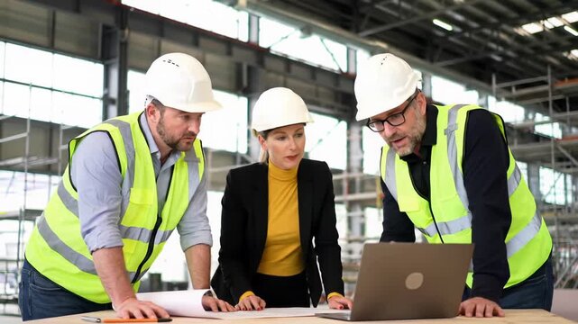 Three focused engineers (2M, 1F) in hard hats & safety vests discuss technical data on laptop & blueprints at industrial table in bright modern building, Efficient project collaboration