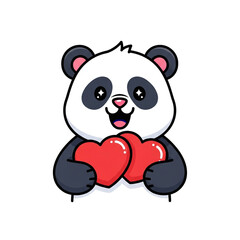 Obraz premium Cute panda bear holding two red hearts isolated on white background