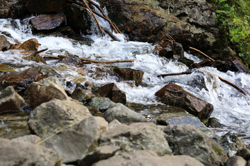 Fresh mountain stream flowing over rocks