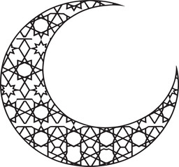 Black crescent moon with intricate geometric Islamic star patterns Islamic pattern